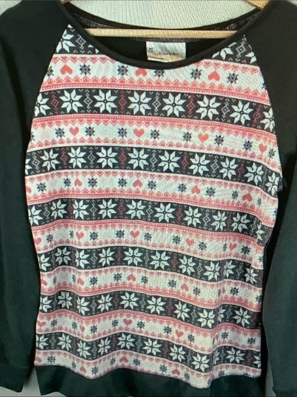 Women's Black Long-Sleeve Raglan Tee with Pink Fair Isle Front